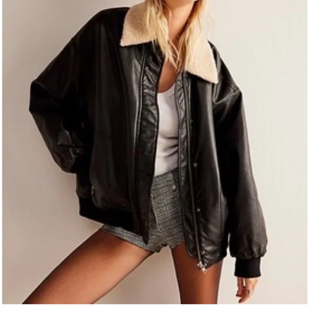 Black Bomber Jacket with Plush Collar and Shiny Finish - Picture 5 of 6